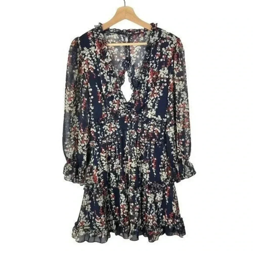 Boutique Navy Blue White Floral Long Sleeve Open Back Mini Dress S